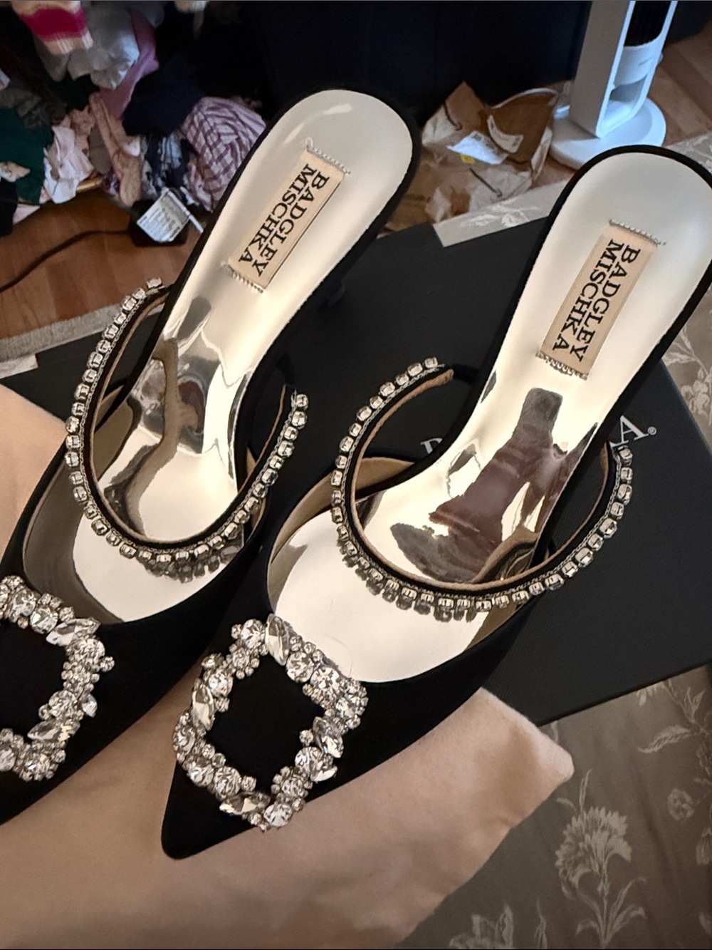 Badgley Mischka Black Crystal-Embellished Pointed Mules - Picture 2 of 4